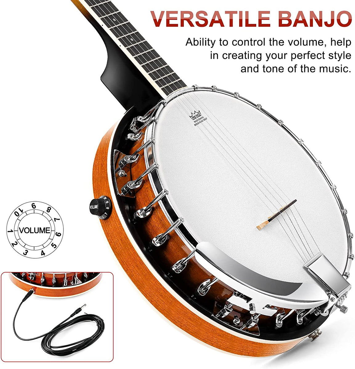 [🇺🇸🇨🇦]Vangoa VBJ-4E Acoustic Electric Banjo 5 String Full Size 24  Brackets with Geared 5th Pegs for Beginners Adults