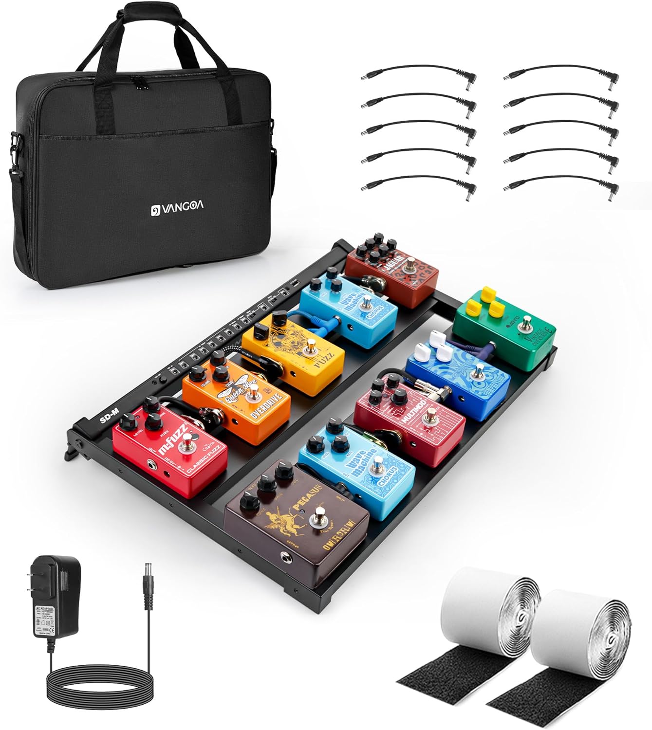 Vangoa Guitar Pedal Board with Built in Power Supply Board 9V/12V/18V for 10-12 Pedals Aluminium Alloy Portable Folding Powered Guitar Pedalboard with Carry Bag, Pedal Cables, Medium