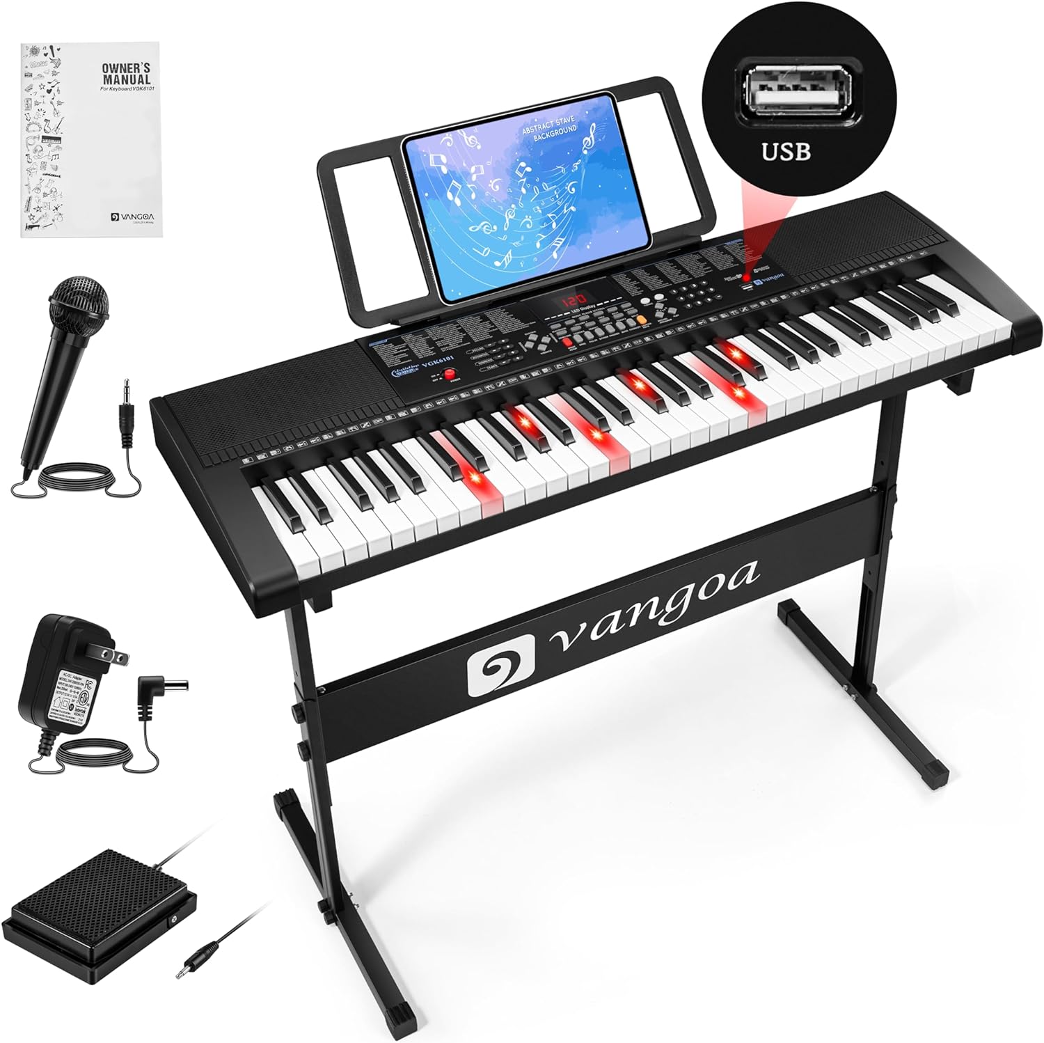 Vangoa VGK6101 Black Keyboard Piano 61 Key, Electric Piano Keyboard with 3 Teaching Modes, Learning Lighted up Music Keyboard Piano with Stand Microphone for Beginners Students