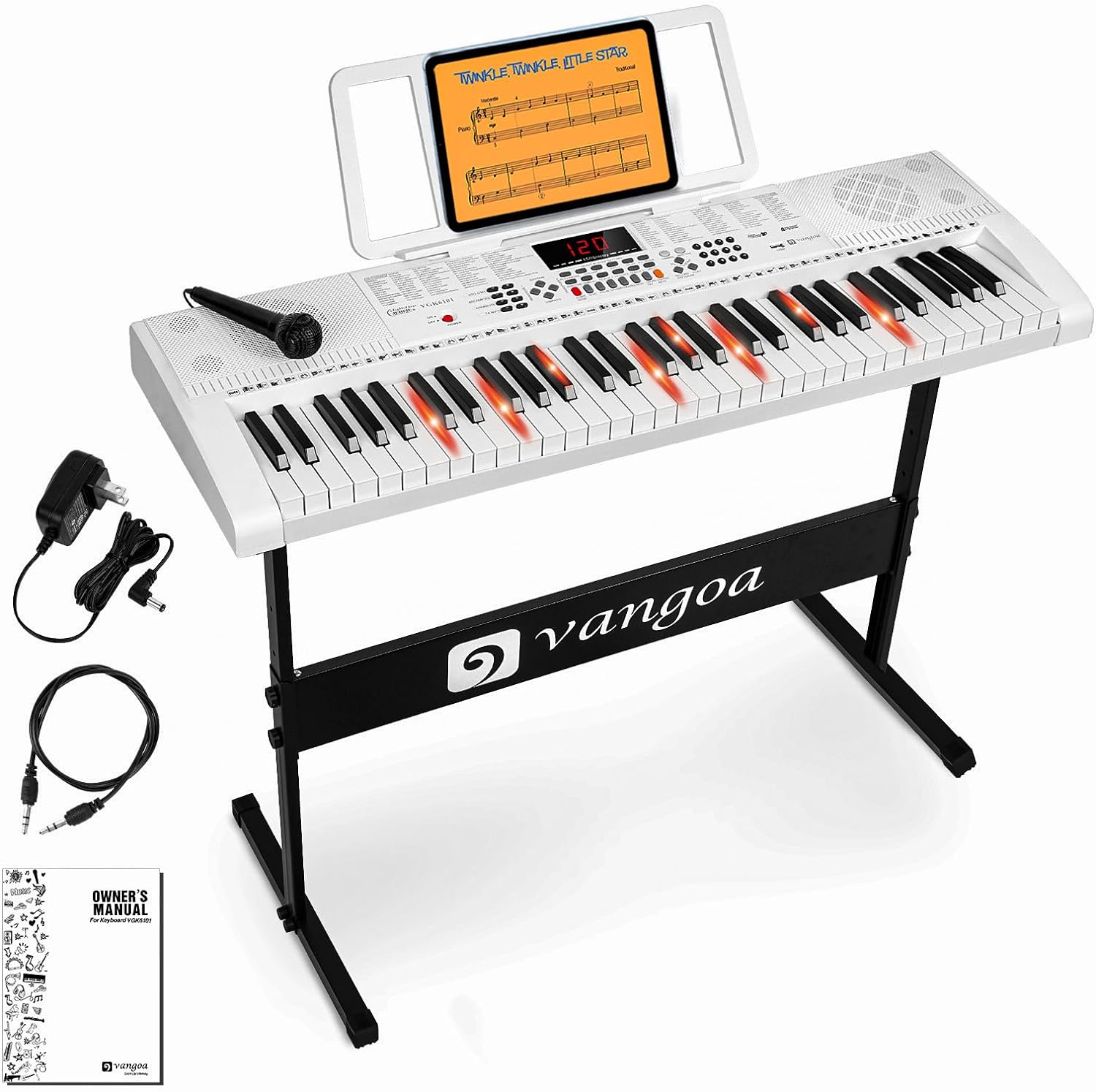 Vangoa Piano Keyboard for Beginners, VGK6101 61 Key Learning Keyboard Piano w/Lighted Keys, Electric Piano Keyboard with 600 Voices & 50 Demos, Stand/Microphone, USB, Record, Split for Students