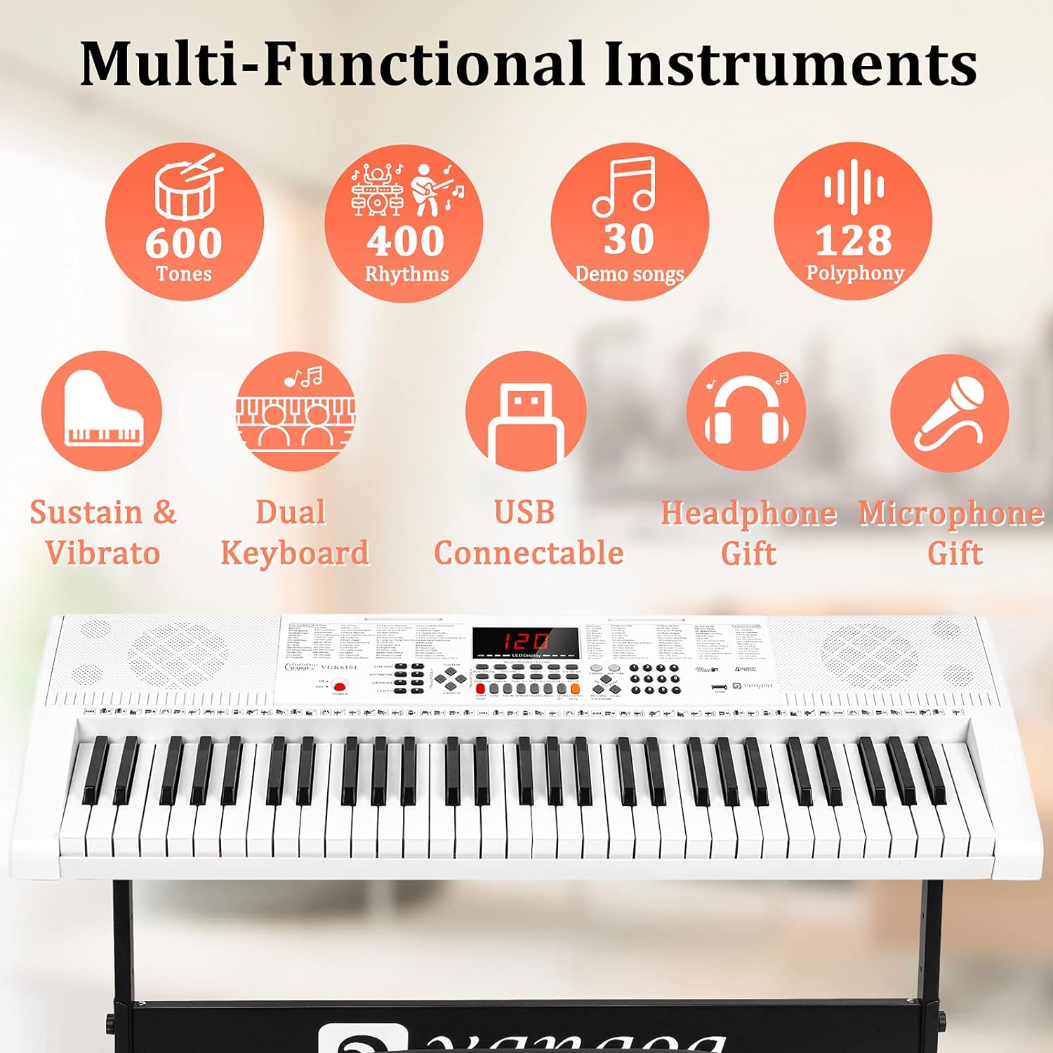 Vangoa Piano Keyboard for Beginners, VGK6101 61 Key Learning Keyboard Piano w/Lighted Keys, Electric Piano Keyboard with 600 Voices & 50 Demos, Stand/Microphone, USB, Record, Split for Students