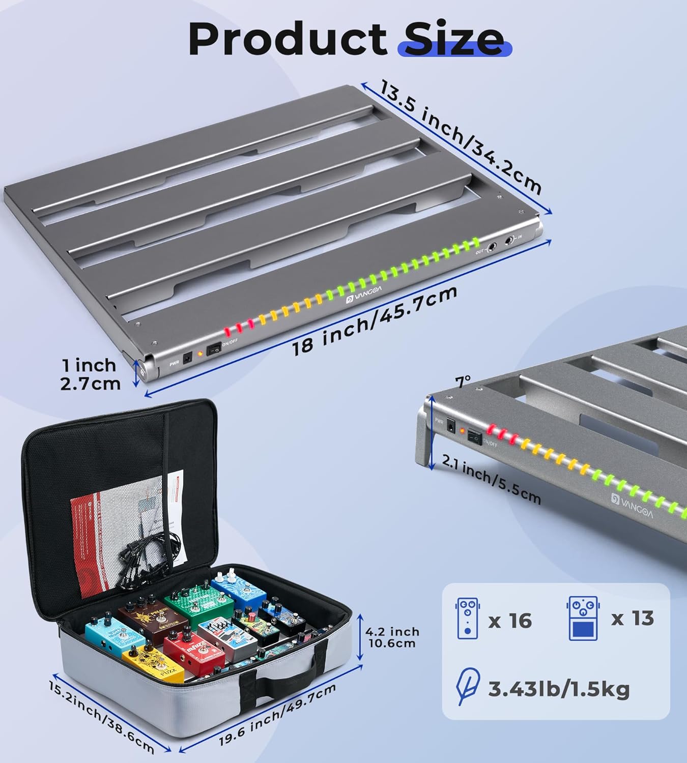 Vangoa Guitar Pedal Board with Isolated Power Supply, PD-M Aluminum One-Piece-Bent Portable Folding Powered Guitar Pedalboard with Premium Backpack-style Bag, Medium, 18"x13.5", 3.4lb, Gray