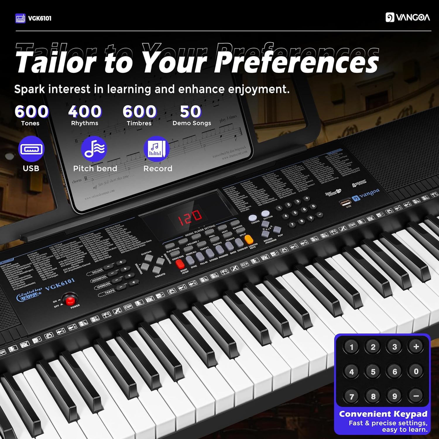 Vangoa VGK6101 Black Keyboard Piano 61 Key, Electric Piano Keyboard with 3 Teaching Modes, Learning Lighted up Music Keyboard Piano with Stand Microphone for Beginners Students