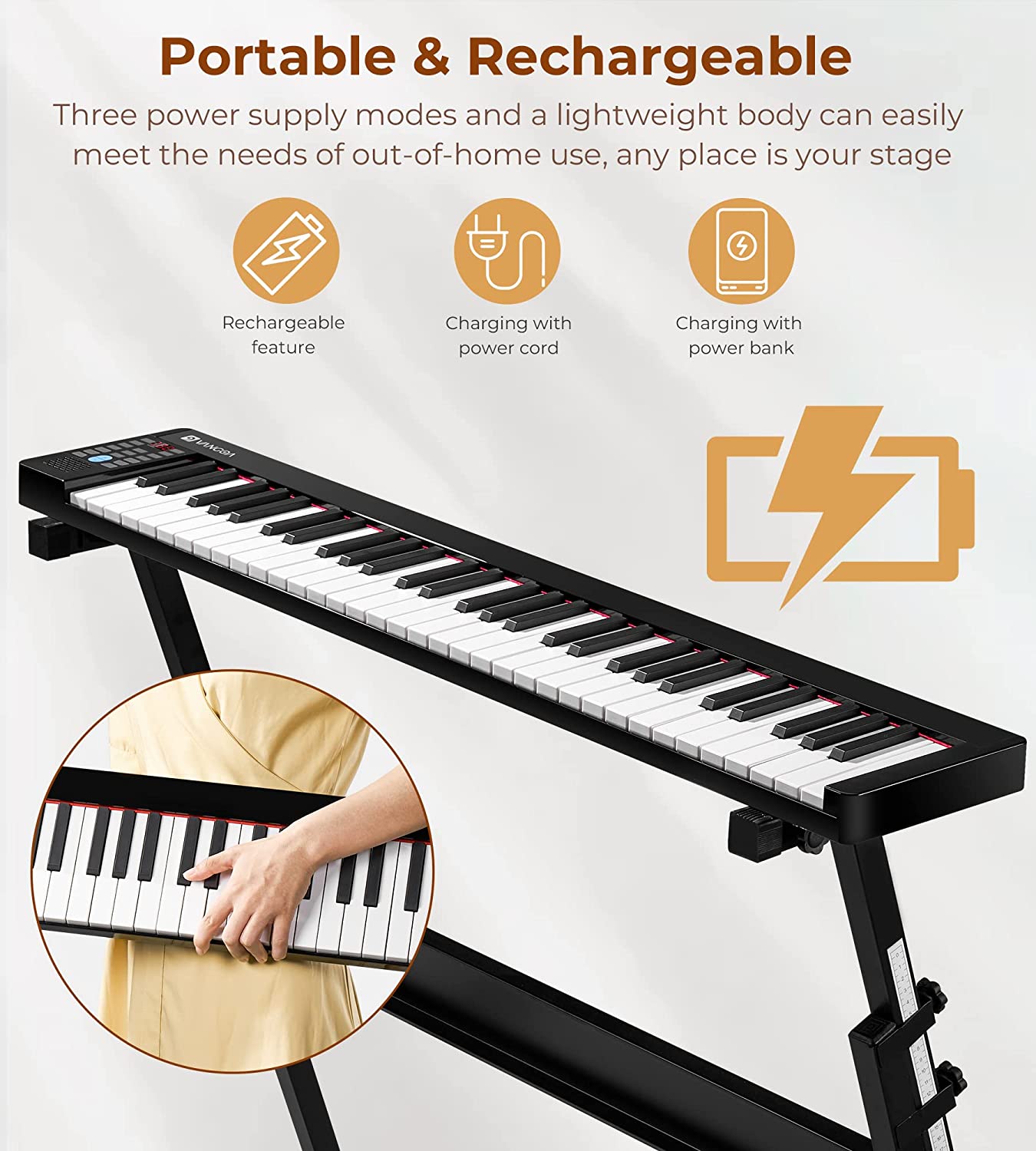 61-Key Folding Piano Keyboard with Full Size Keys and Music Stand