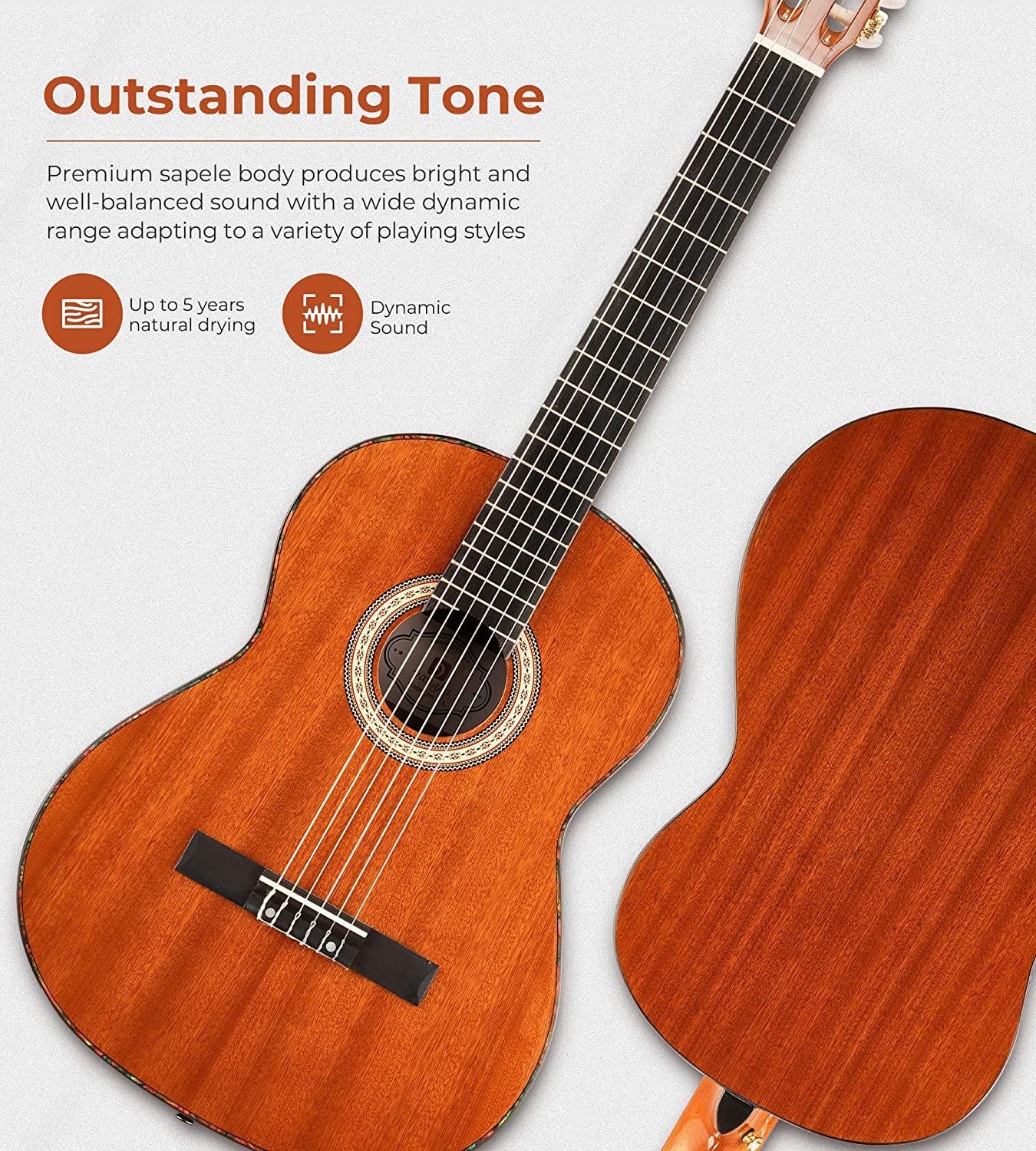 Vangoa VC-2 Classical Guitar 4/4, 39 Inch Full Size Nylon String Guitar for Beginner Adults Sapele Brown