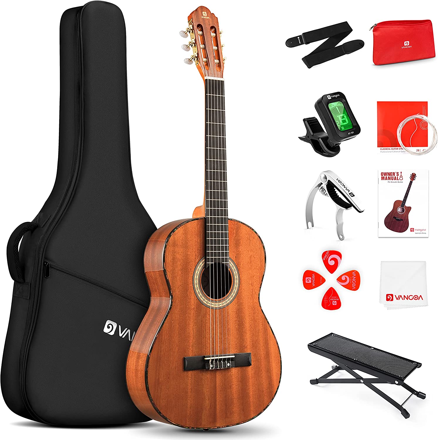 Vangoa VC-2 Classical Guitar 4/4, 39 Inch Full Size Nylon String Guitar for Beginner Adults Sapele Brown