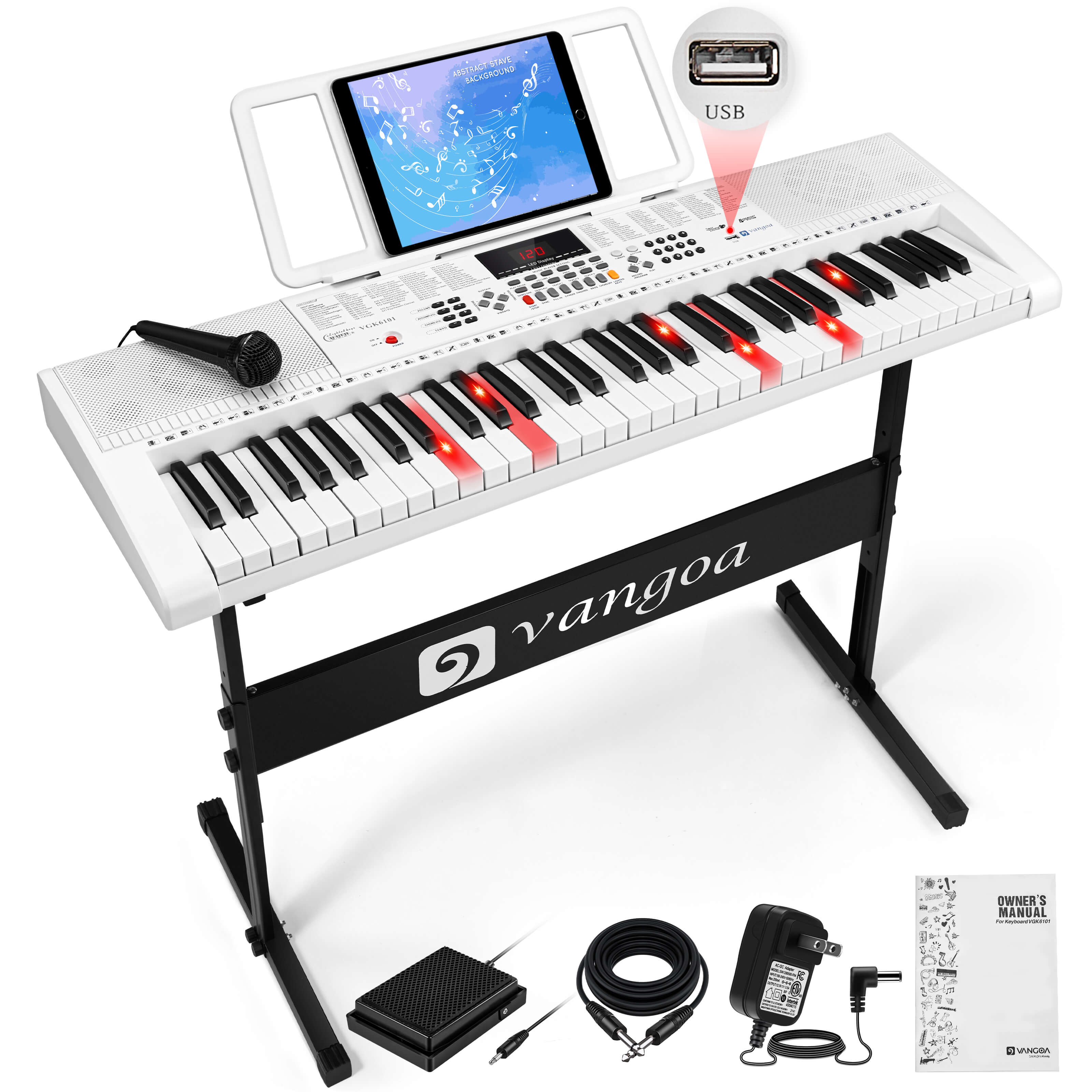 Vangoa VGK6101 White Keyboard Piano with 61 Lighted Keys 3 Teaching Modes