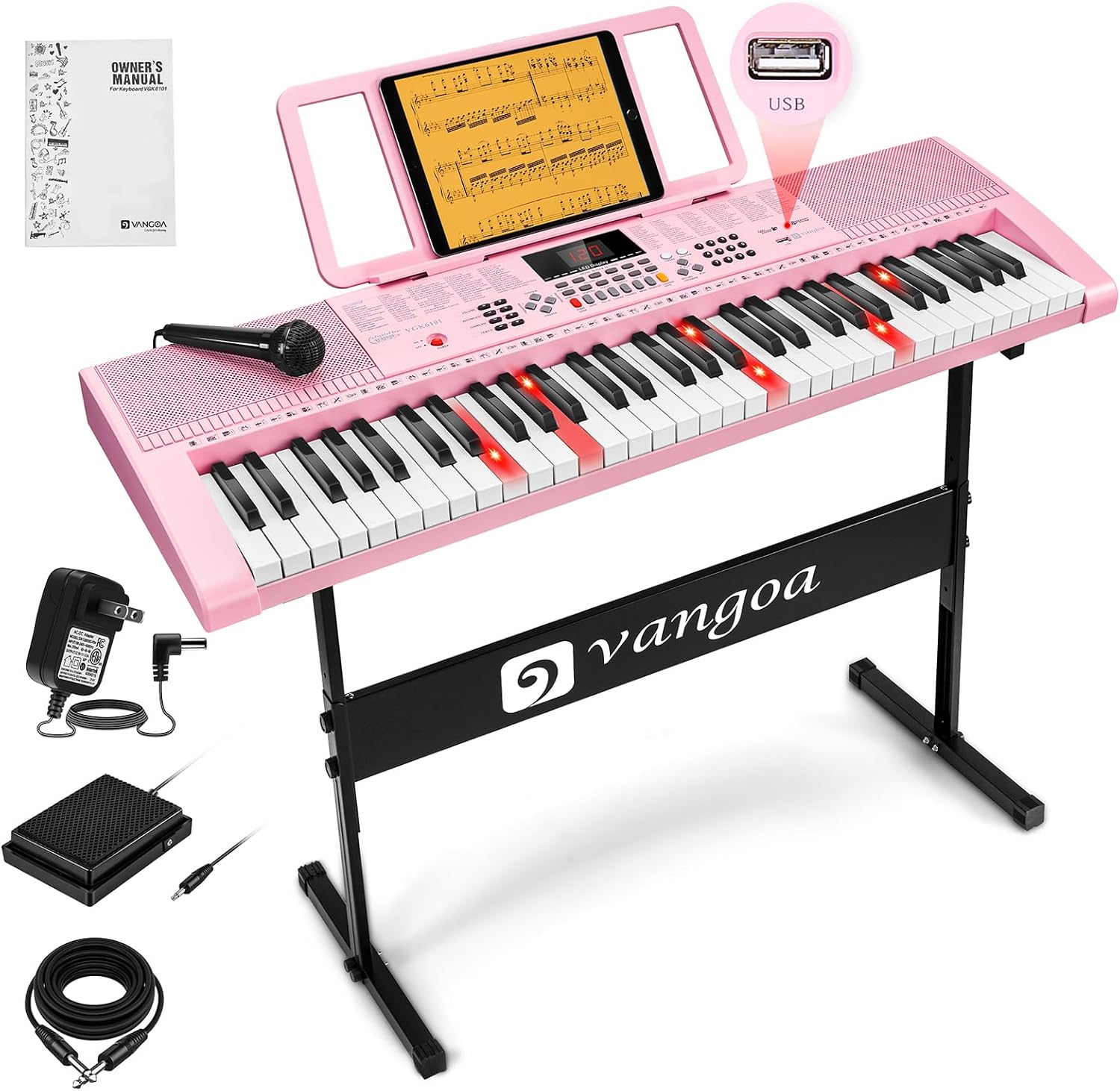 Vangoa VGK6101 Pink Piano Keyboard 61 Key, Electric Keyboard Kit Portable Music Keyboard for Kids Students with Microphone, 600 Tones, 400 Rhythms, 50 Demos, Gift for Beginners