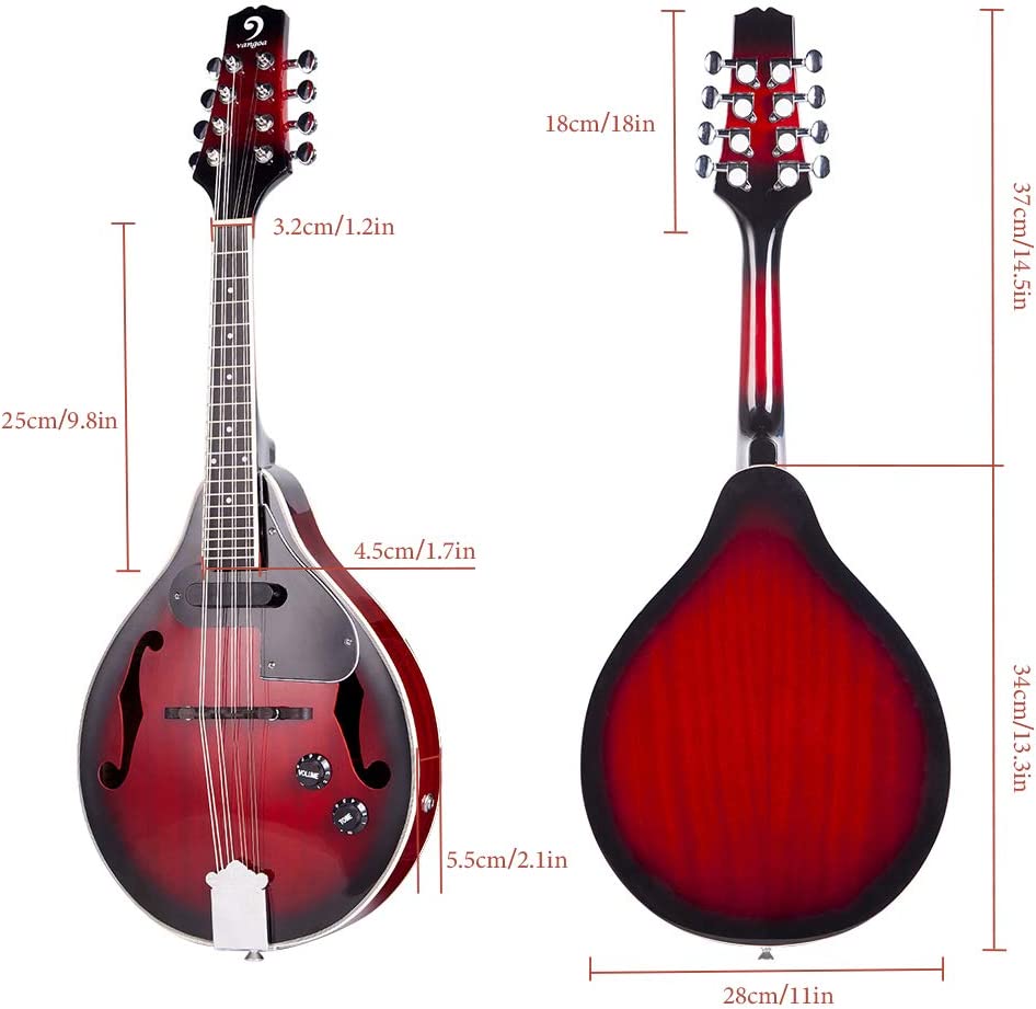 Vangoa A Style Acoustic Electric Mandolin Musical Instrument 8 String Red Sunburst