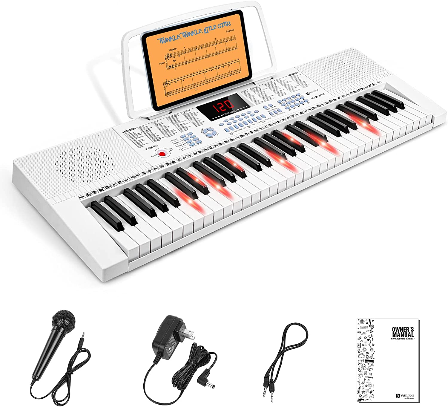 Vangoa VGK611 Piano Keyboard with Mini Lighted Keys for Beginner Kids Boy Girl White