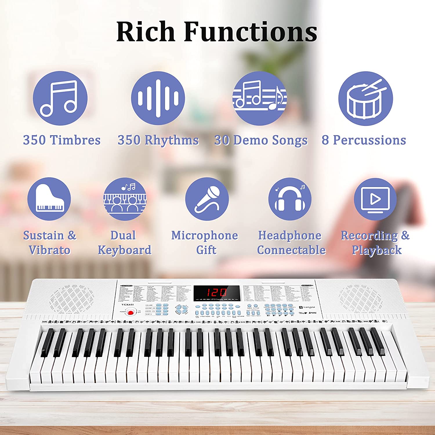 Vangoa VGK611 Piano Keyboard with Mini Lighted Keys for Beginner Kids Boy Girl White