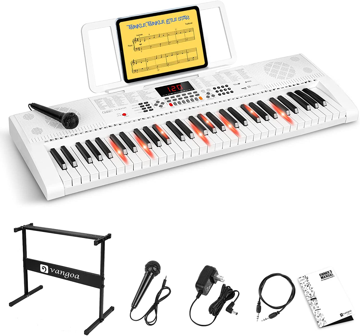 Vangoa VGK6101 White Keyboard Piano with 61 Lighted Keys 3 Teaching Modes