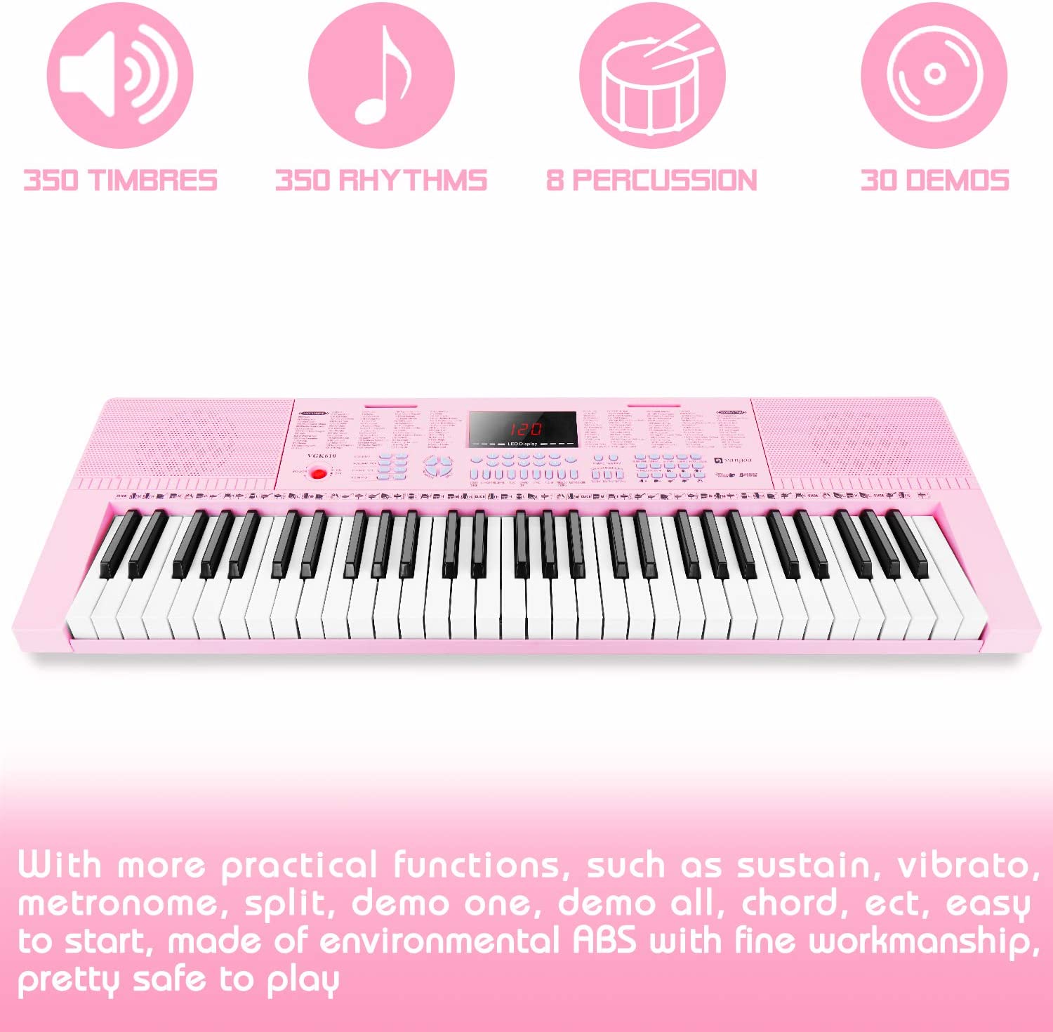 Vangoa VGK610 Piano Keyboard 61 Mini Keys Pink