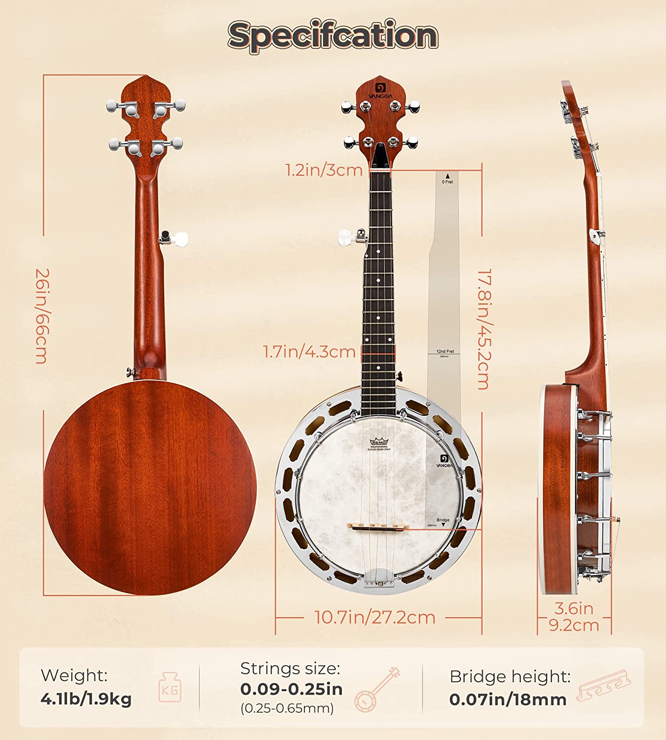 Vangoa Banjo 5 String Acoustic Electric Full Size Closed Back Set with  Mahogany Resonator Remo Head Banjoe 24 Brackets with Geared 5th Pegs for