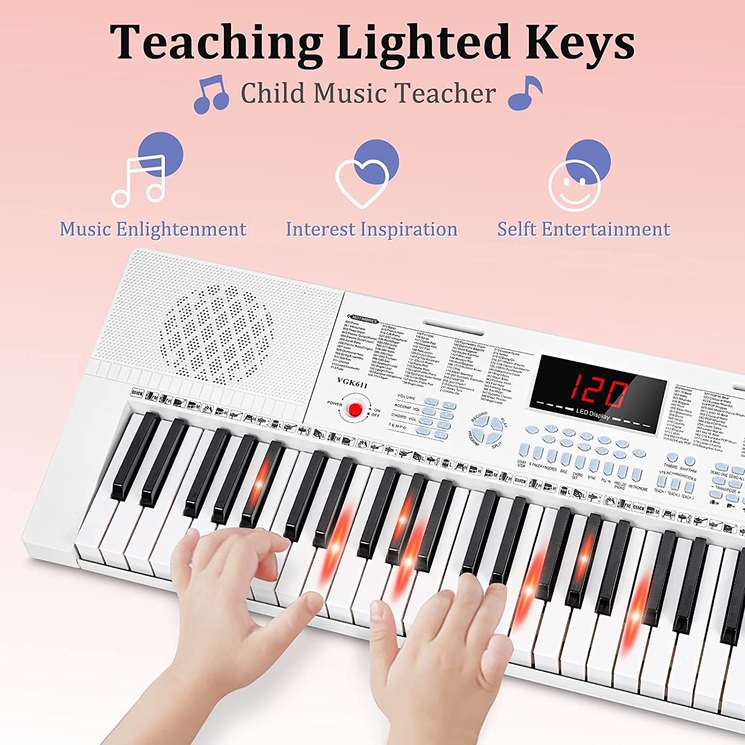 Vangoa VGK611 Piano Keyboard with Mini Lighted Keys for Beginner Kids Boy Girl White