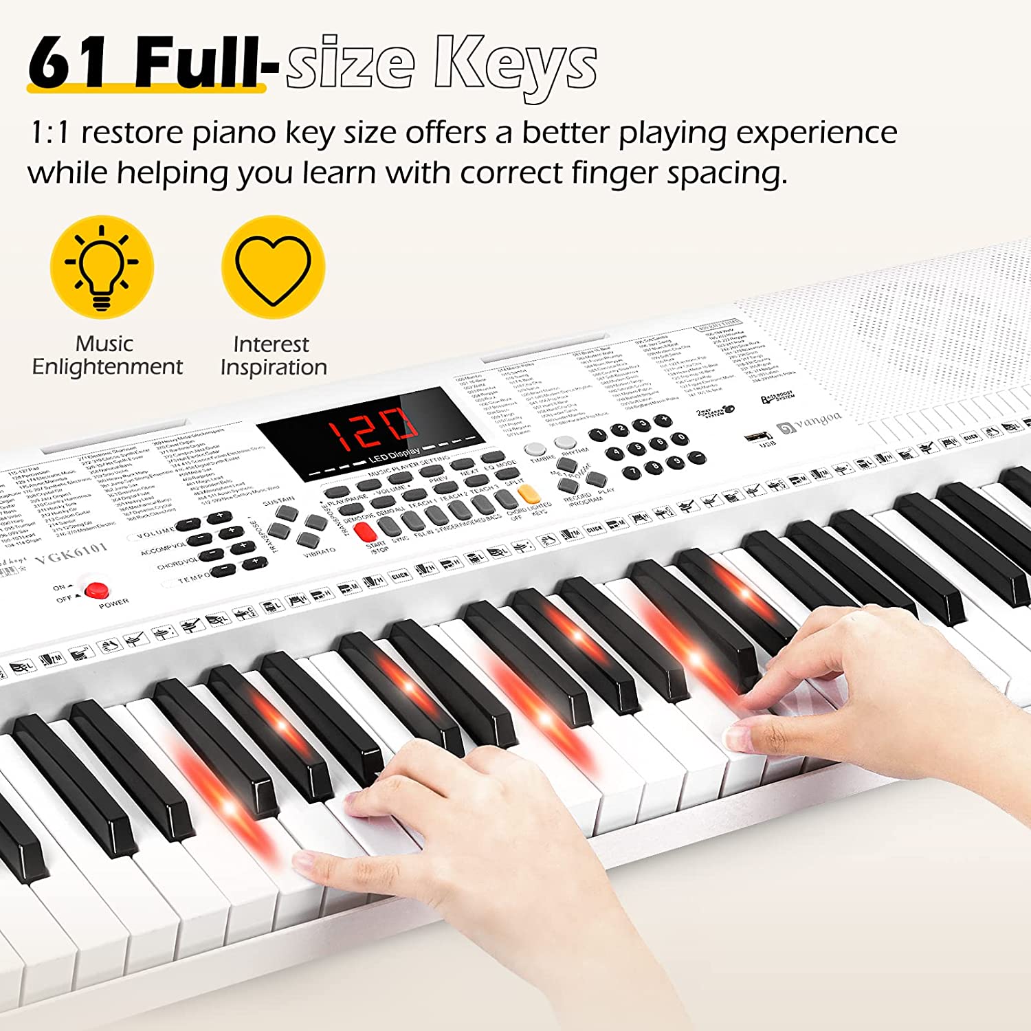 Vangoa VGK6101 White Keyboard Piano with 61 Lighted Keys 3 Teaching Modes